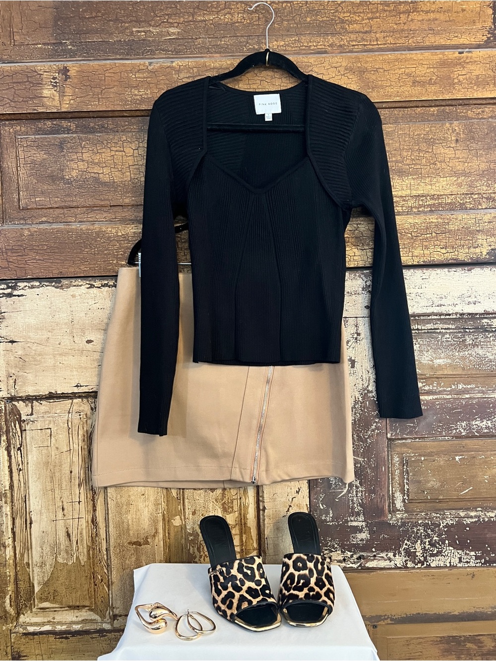 Pink Rose Black Ribbed Bolero Top | Layered Fitted Sweater | Size L